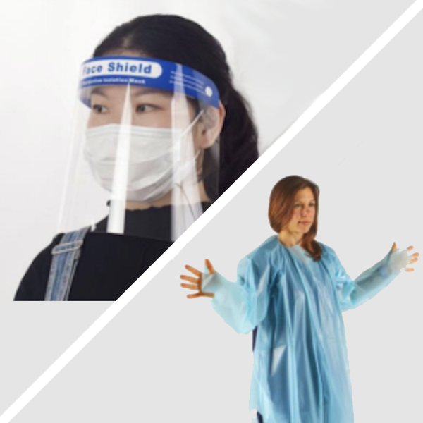 Picture of a woman wearing a face shield and another woman in a medical gown